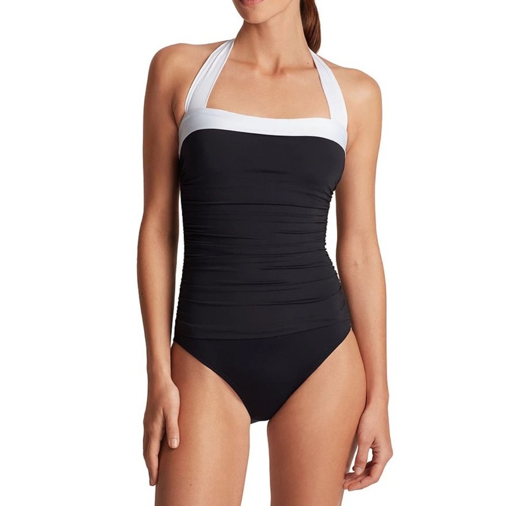 $130 NWT RALPH LAUREN 14 BLACK TIE ONE PIECE SLIMMING BEL AIR SWIMSUIT - Picture 2 of 11